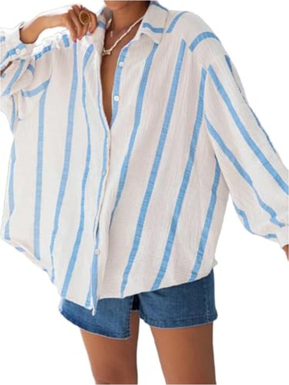 Women's Stripe Button Down Oversized Long Sleeve Blouse